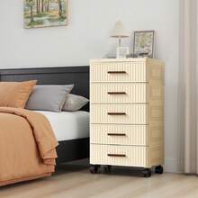 5-Tier Plastic Drawer Storage, 48 Cm Wide Plastic Chest Of Drawers For The Bedroom, Plastic Storage Trolley With Ribbed Design And Wheels, Drawer Tower For The Living Room In The Bedroom - Apricot - View 4