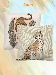 2pcs Animal Leopard & Tiger Style Forest Pattern Decorative Throw Pillow Covers, Alphabet Print Square Pillow Cases Without Filling, Cute Cushion Covers, For Sofa, Living Room