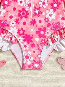 Traje de baño de una pieza con estampado floral y gorra para niñas, de manga larga - Rojo y blanco - Ver 3