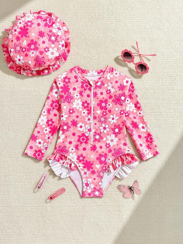 Girls Floral Print Long Sleeve One-Piece Swimsuit With Hat