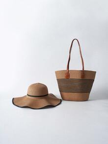 Tropiscape 1pc Straw Woven Hat + 1pc Straw Woven Bag Beach Autumn Winter Gifts - Khaki - View 9