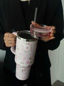 1pc Watercolor Floral Design 40oz-14oz Large Capacity Travel Mug With Handle, Stainless Steel Insulated Cup, Suitable For Car, Travel, School, Office, Outdoor, Gym, Home, Perfect Gift For Women, Teens, Holidays, Birthdays (With Straw)