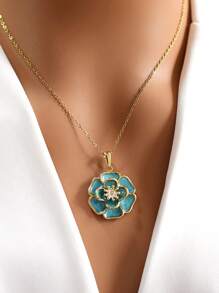 MECYLIFE 1pc Fashionable Crystal & Enamel Oversized Flower Pendant Necklace, Suitable For Women
