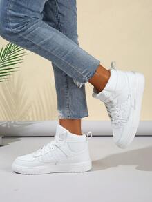 Women's White High-Top Sneakers, Versatile Casual Shoes, Lace-Up Round Toe Comfortable Footwear