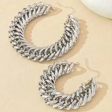 1 套极简主义银色金属链项链和手链 2 件，夸张个性化锁骨链小众高端女士珠宝 - 銀色單扣項鍊 - 查看 5