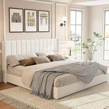 Queen/King Size Lift Up Storage Bed Frame, Linen Upholstered Platform Bed With Vertical Channel Tufted Wingback Headboard, Hydraulic System Design And Wood Slats Support, No Box Spring Needed, Elegant Bedroom Furniture, White - White - View 2