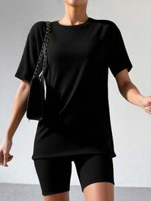 Set playera larga shorts biker dama juvenil fresco cómoda casual informal casa loungewear conjunto básico México - Negro - Ver 3