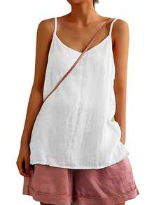 Cotton Linen Camisole For Women Sleeveless Spaghetti Strap Cami Shirt Solid Color Casual Loose Basic Tank Tops - 白色 - 查看 2