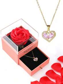 1 Set Artificial Rose Gift Box Necklace, "I Love You" In 100 Languages Necklace, Mother's Day, Valentine's Day Gift For Mom, Wife, Daughter, Grandma, Granddaughter