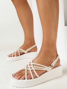 夏季休闲百搭编织带坡跟凉鞋 - 米色 - 查看 1