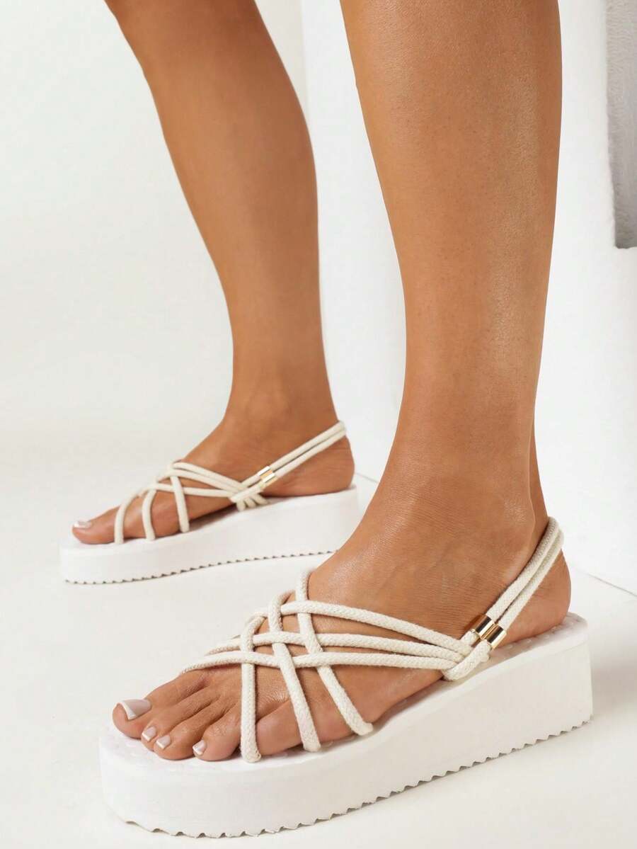 夏季休闲百搭编织带坡跟凉鞋 - 米色 - 查看 1