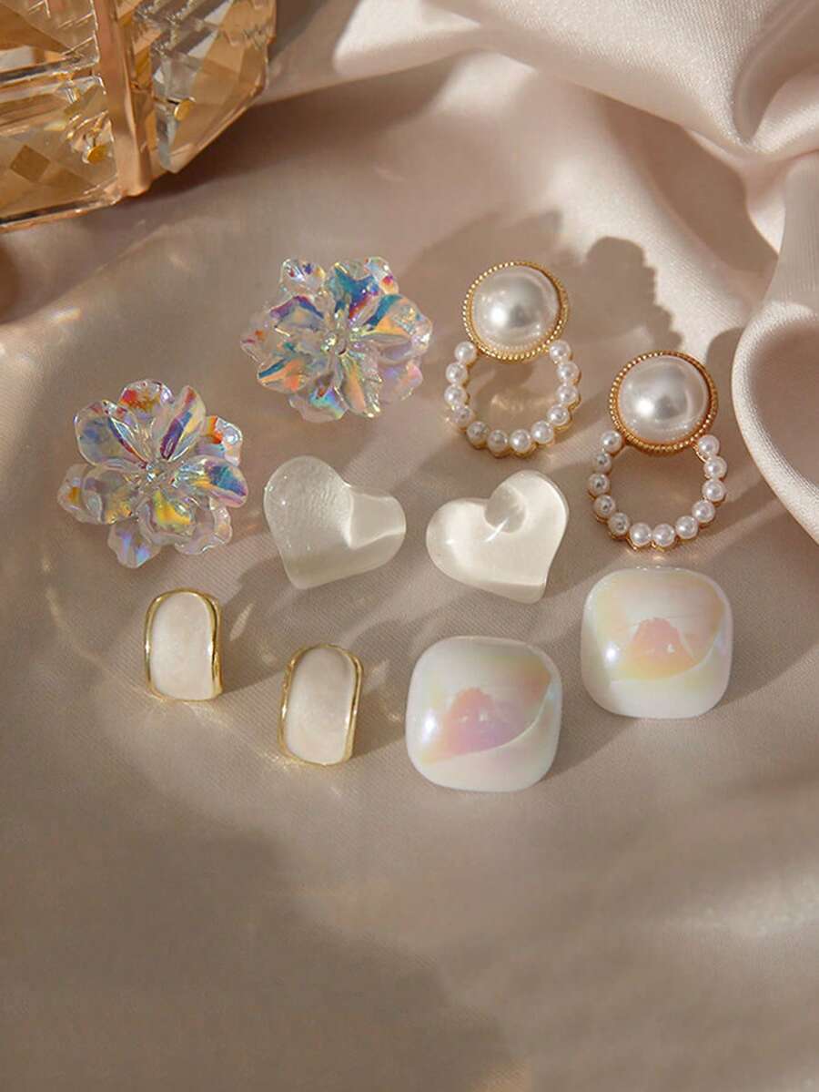 5pcs/Set Fashionable Minimalist Cute Resin Heart & Flower Square Faux Pearl Geometric Modern Delicate Luxury Design Earring Set, Suitable For Women For Daily Wear And Holidays - Set a - View 1