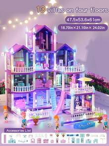 Lila Villa Puppenhaus-Set mit Leuchtfunktion (Puppe nicht enthalten), Spielhaus-Spielzeug für Jungen und Mädchen, Möbel-DIY Puppenspielset mit mehreren Räumen, Prinzessinnen-Schloss Spielzeug-Set, Weihnachts- und Neujahrsgeschenk für Mädchen - Verschiedenfarbig - Übersicht 10