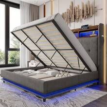PLAUIN Estructura de cama con almacenaje y elevación hidráulica, con estantería incorporada y cabecero con diseño de terciopelo de alas, iluminación LED RGB, sin necesidad de caja de resortes