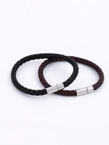 2 件简约皮革编织磁扣手链，复古合金男士珠宝，适合日常佩戴，也适合送给朋友和家人 - 彩色 - 查看 8