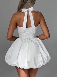 Women's Y2K Halter Corset Mini Dress Backless Corset Bubble Ruched Waist Club Party Dresses - trắng - Xem 6