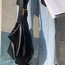 Black Minimalist Leather Shoulder Bag, Large Capacity