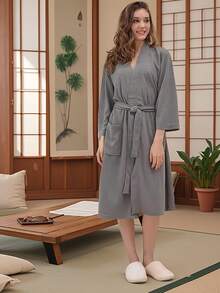 1 件轻便时尚浴袍，适合居家、海滩、酒店使用，速干、亲肤、情侣家居服、简约格子设计、性感睡衣返校 - 彩色 - 查看 6