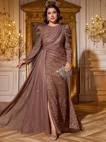 Plus Size Women V-Neck Sequin Embellished Bishop Sleeve Ruched Slit Dress, Elegant Evening Gown,Party Dress,Formal,Wedding Guest - 咖啡棕 - 查看 1