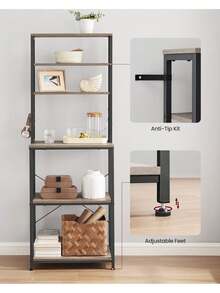 Kitchen Storage Rack, Coffee Bar, Baker's Rack, Total 6 Shelves And 6 Hooks, For Microwave, Steel Frame, Industrial, Greige And Black - Black - View 2