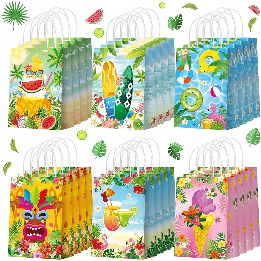 1 件/6 件/12 件/24 件夏季派对礼品袋,夏威夷主题纸质礼品袋带手柄,适用于夏威夷、热带、海滩、泳池派对、生日派对装饰、购物中心、夏季节日礼品袋 - 彩色 - 查看 1
