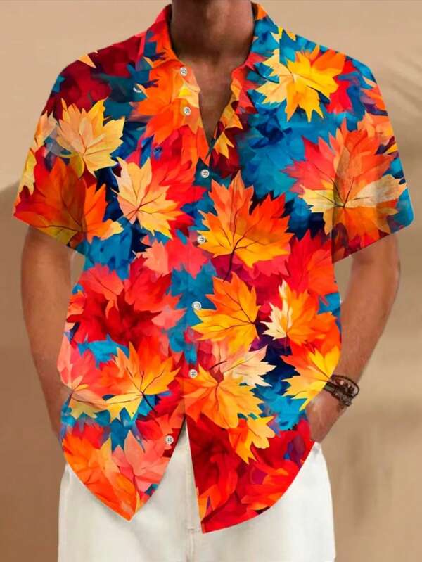 Plus Size Men's Summer Vacation Style All-Over Leaf Print Short Sleeve Shirt