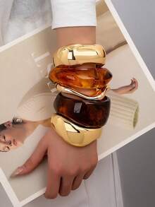 1 件厚树脂手镯，简约金色金属袖口手镯，女士叠戴手镯 - 彩色 - 查看 18