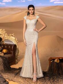 Faeriesty Elegant Open Shoulder Sequin Mermaid Evening Gown For Women – Heart-Shaped Neckline, Cap Sleeves, High-Leg Slit, And Fitted Trumpet Silhouette For Formal Weddings, Red Carpet Galas, And Evening Celebrations - Champagne - View 3