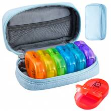 Serfeymi Organizador de pastillas para viaje de 7 días - Estuche semanal portátil AM/PM para medicamentos con diseño arcoíris, estuche con cremallera de piel sintética para vitaminas, omega 3 y medicación diaria (compacto y duradero)