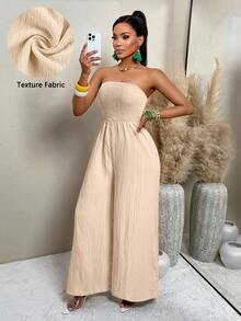 Women's Summer Sexy Vacation Retro Pattern Print Ruched Tube Wide-Leg Jumpsuits (Random Print) - 杏色 - 查看 1