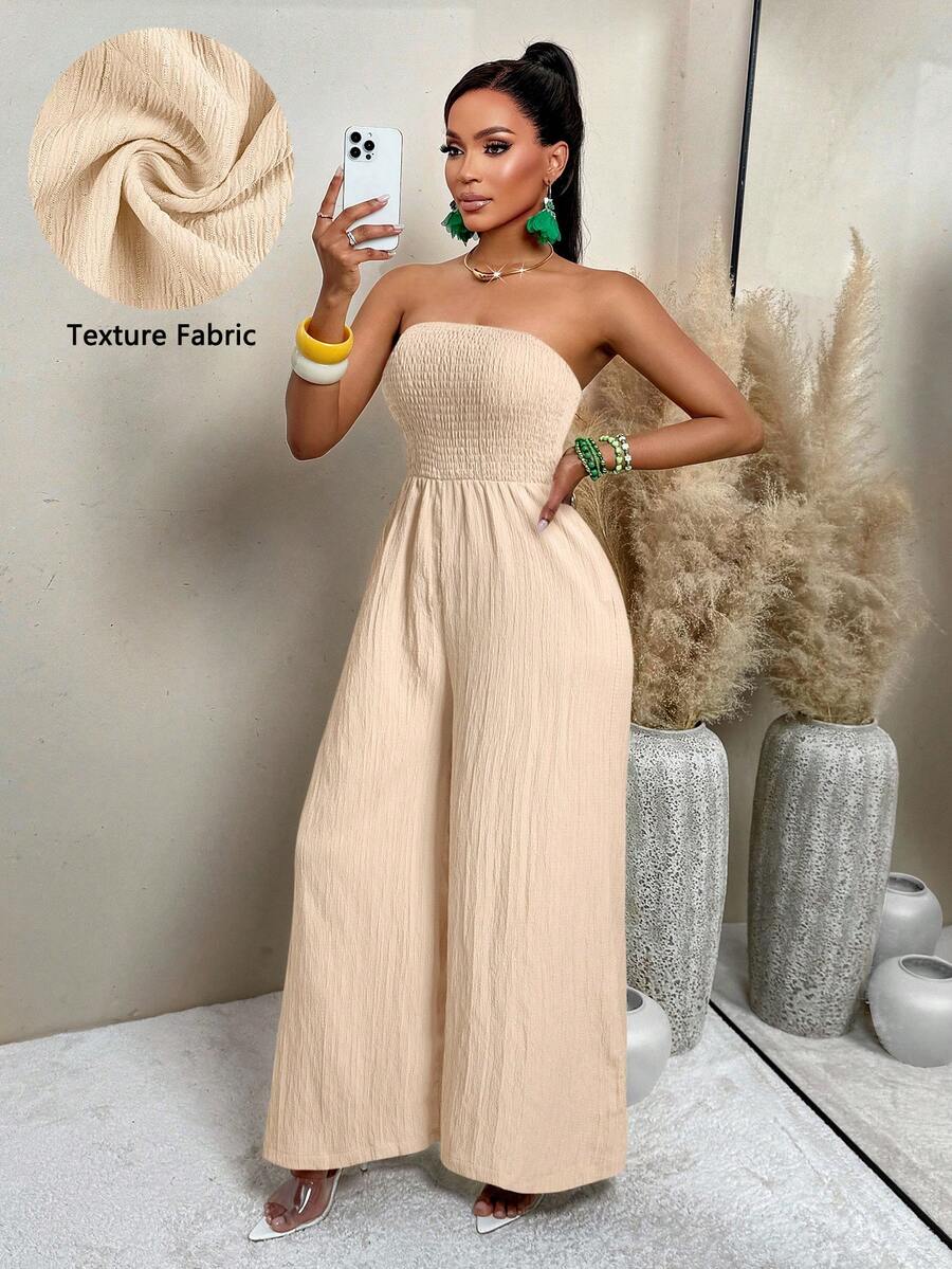 Women's Summer Sexy Vacation Retro Pattern Print Ruched Tube Wide-Leg Jumpsuits (Random Print) - 杏色 - 查看 1