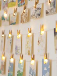 1条家居装饰木质夹子铜线灯串，1-10米，照片夹装饰灯串，适用于卧室墙面装饰、婚礼装饰、生日派对装饰、情人节装饰灯串（夹子数量可能存在2-3个误差） - 銅線+木夾子 - 查看 6