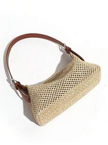 编织草编腋下包，法式简约风夏季女士单肩斜挎包，小众复古女包，轻巧百搭沙滩包，适合度假、旅行、日常佩戴 - 卡其色 - 查看 3