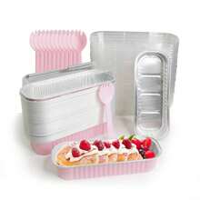 50 Stücke 200 ml rechteckige Aluminiumfolie Backform mit Deckel und Löffel, in rosa, Mini-Brotauflauf, rechteckiger Backbehälter Küchenausstattung, Muffinform, Kuchenform mit Deckel, Muffinförmchen, Torten, Sahnetorte