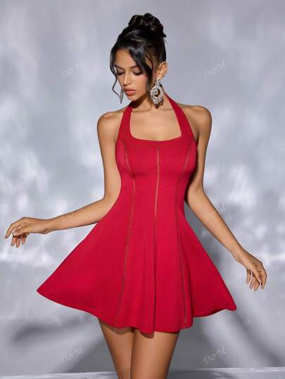 Vestido corto de mujer con cuello halter, ajuste y vuelo, hecho con técnica de ganchillo (crochet) Prenda casual perfecta para vacaciones, fiestas, primavera/verano, regreso a clases, citas, graduación