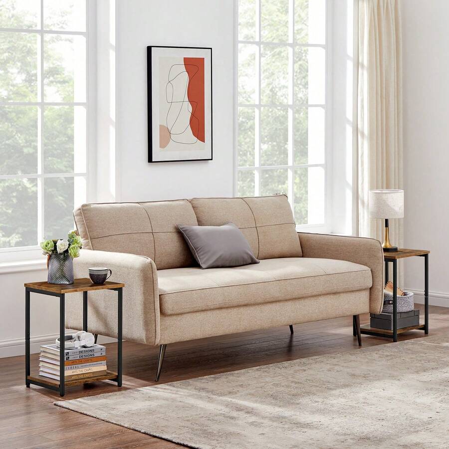 Set Of 2 Side Tables, 2-Tier Sofa Side Tables, Bedside Tables With Steel Frames, For Living Room, Bedroom, Home Office, Industrial Style, Rustic Brown And Black - 棕色 - 查看 1