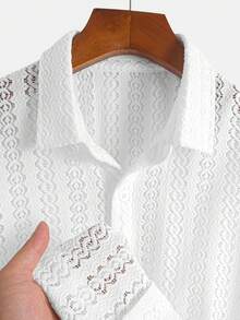 New Men's Solid Color Elastic Knitted Hollow Lattice Pattern Jacquard Turndown Collar Button Down Casual Lightweight Shirt, Suitable For Daily Wear, Street Fashion, Summer - White - View 1