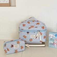 3 PiecesMakeup Bag Quilted Makeup Bag Silk Ribbon Makeup Bag Set Flower Travel Washbag - Royal Blue - View 14