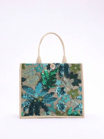 1 st färgglad paljettväska i linne med lapptäcke, moderiktig broderade blommor och lövmönster, stor fyrkantig handväska för kvinnor, avslappnad shoppingväska för stranden och resor (blommönster slumpmässigt fördelat)