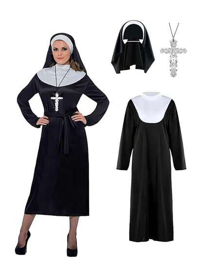 3PCS/Set Nun Costumes For Women - Nun Costume Accessories, Black Gowns, Cross Pendants And Headwear, Saint And Sinner Costumes, Cosplay Nun Costumes Halloween