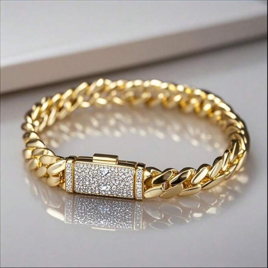 Handcrafted No Fade 18K Gold-Plated Cuban Bracelet With Cz Stones Lock,7.5-8.5" Long And 12mm&14mm Wide Give Boyfriend And Girlfriend Jewelry Gifts - 金色 - 查看 1