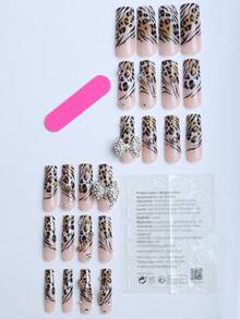 24 piezas de uñas acrílicas rectangulares para presionar, uñas con estampado de leopardo y cristales, uñas con mariposas estilo Y2K, uñas con glitter en forma de estrella, cadena dorada pequeña y mini cristales color rosa rojo, accesorios esenciales para fiestas con 1 lima de uñas, accesorios para el cuidado de las uñas