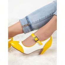 Women Mary Jane Pumps – Round Toe Retro Low Kitten Heels With Ankle Strap & Memory Foam Insole, Vintage 1950s Cone Heel Dress Shoes For Weddings, Bridesmaids, Date Night, Parties & Business Casual [Size Up Half Size] - 黃白PU - 查看 3