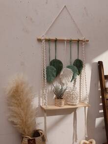 1 件手工编织 Macrame 挂架，带叶状流苏 - 波西米亚风格壁挂收纳整理器，适用于家居装饰、卧室或客厅 - 装饰性木质架子，用于展示和储存