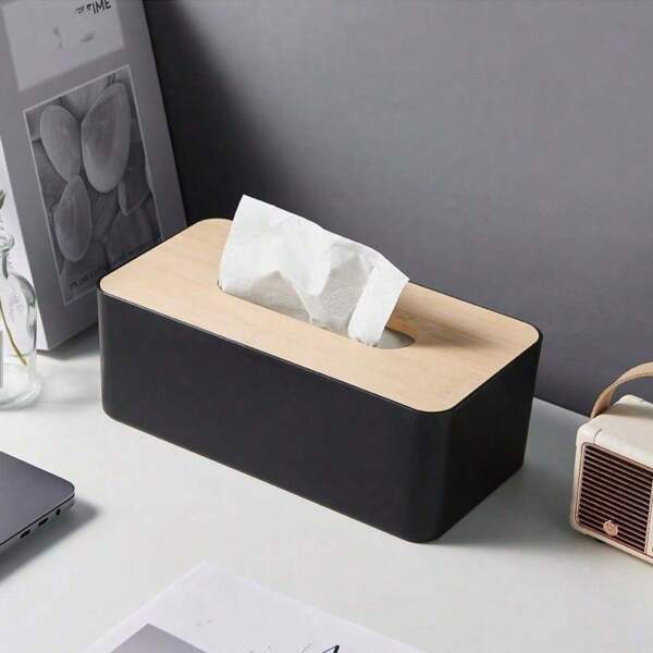 1 Pieza Caja de pañuelos de papel de unicolor con tapa de bambú, caja de papel rectangular alargada, caja y soporte para almacenar pañuelos, adecuado para mesas de comedor, salas de estar, dormitorios, oficinas, baños y automóviles