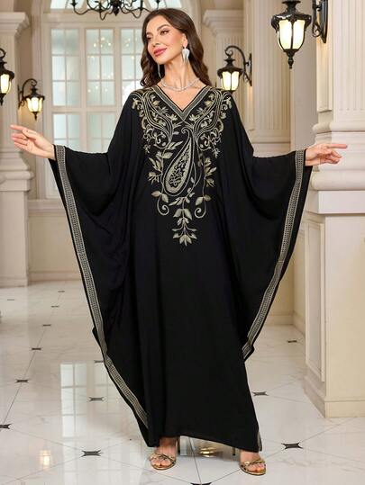 女式优雅黑色卡夫坦加大码2025夏季波西米亚风束带端庄长款家居度假连衣裙