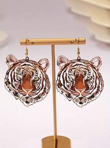 1 Pair Vintage Hollow Tiger Head Pendant Earrings, Suitable For Vacation