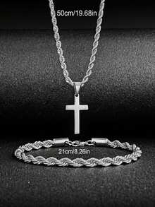 Bộ 2 món bằng thép không gỉ kiểu dáng tối giản gồm vòng tay dây xoắn và dây chuyền mặt dây chuyền hình thánh giá dây xoắn, bộ quà tặng thanh lịch dành cho bạn bè và gia đình, phù hợp cho các bữa tiệc và đeo hàng ngày. - Vòng cổ mặt dây chuyền hình chữ thập xoắn - Xem 11