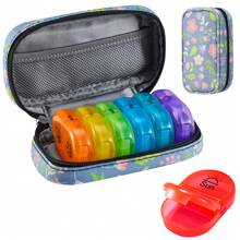 Serfeymi Organizador de pastillas para viaje de 7 días - Estuche semanal portátil AM/PM para medicamentos con diseño arcoíris, estuche con cremallera de piel sintética para vitaminas, omega 3 y medicación diaria (compacto y duradero)