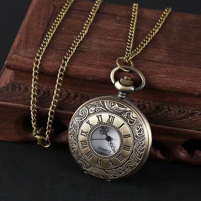 1pc Vintage Roman Numeral Cover Alloy Pocket Watch